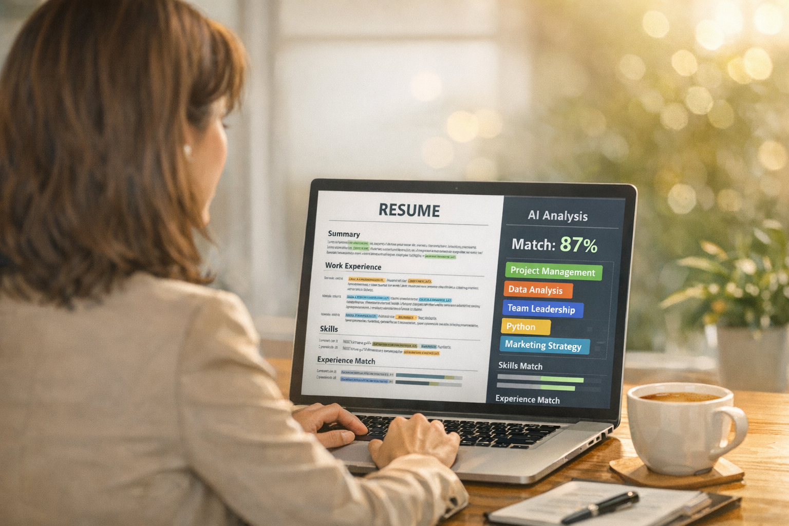 Professional woman at a laptop reviewing a resume with AI analysis overlay showing match score and highlighted keywords