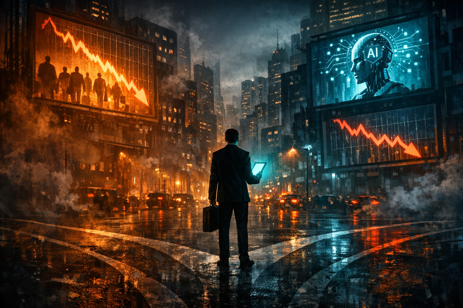 A lone job seeker standing at a crossroads in a futuristic cityscape, with digital screens showing hiring and layoff headlines