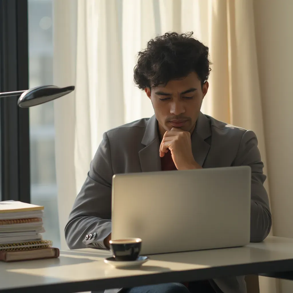 A thoughtful professional looking at a laptop screen with a contemplative expression, sitting at a modern workspace.